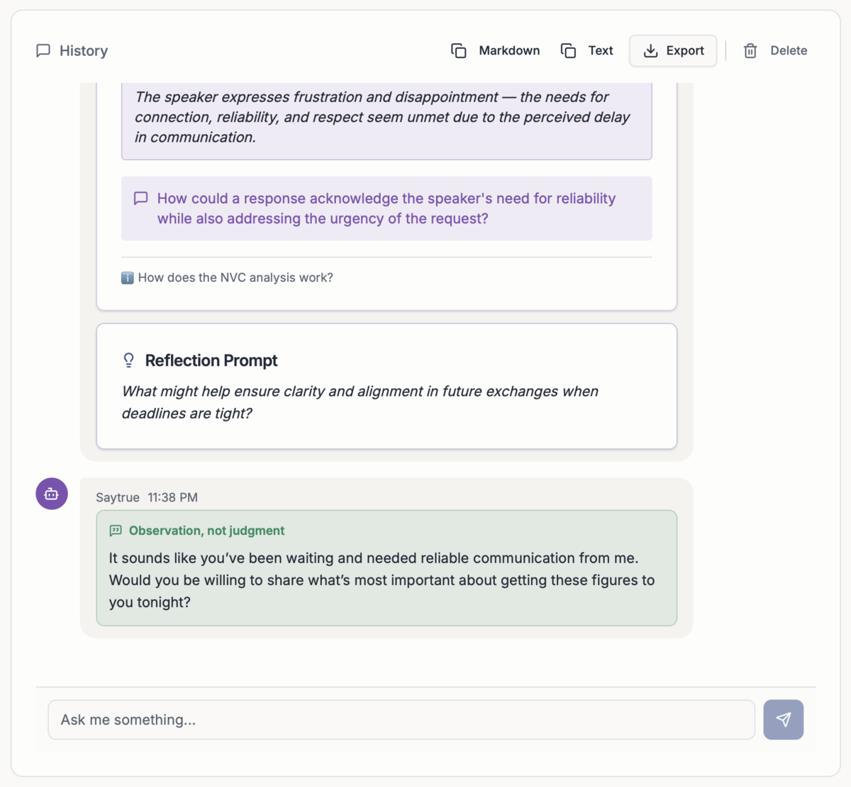 Saytrue suggests a reply to a pointed message and adds a reflection prompt.