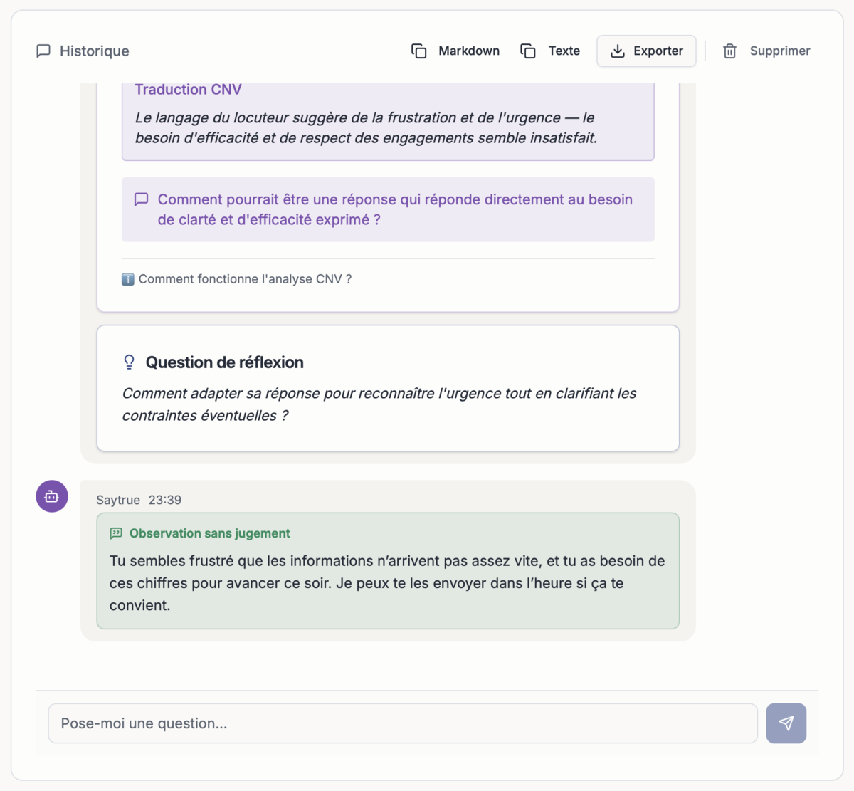 Saytrue propose une réponse à un message piquant et ajoute une piste de réflexion.